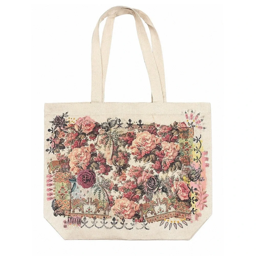 Decoupage Canvas Tote Bag Floral Elephant Boho Cottagecore Vintage Style